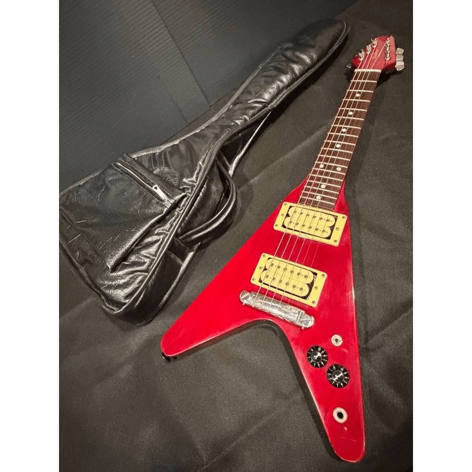 Vintage 80s D' Mini by Phased Systems Flying Vee V Travel Guitar Case