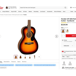 Fender CP-60S Parlor Acoustic Guitar Sunburst w/ Grover Tuners image 2